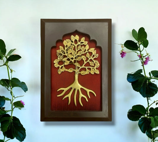 Brass tree of life with wine red in wooden frame