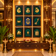 9 Auspicious Brass Elements in Jharoka Frame | Vastu Wall Décor for North & North-East | Estudio