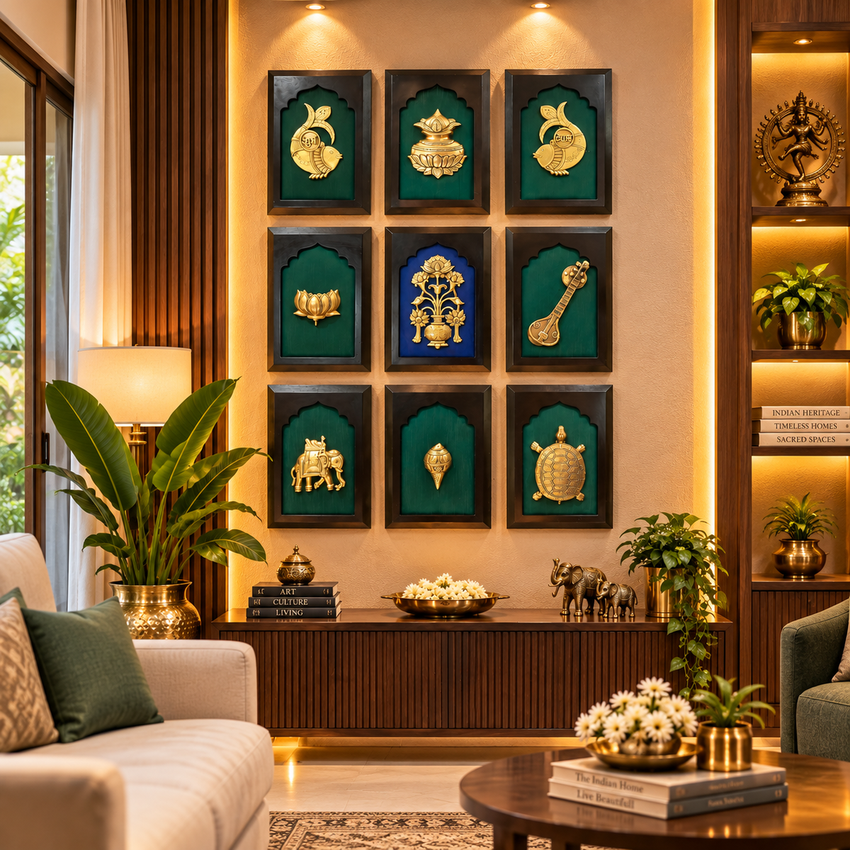 9 Auspicious Brass Elements in Jharoka Frame | Vastu Wall Décor for North & North-East | Estudio