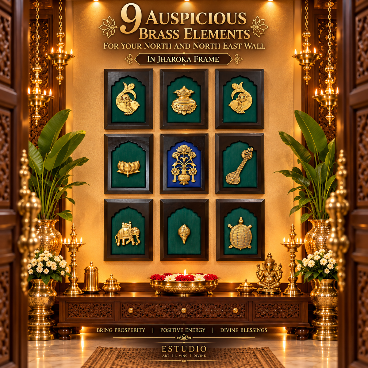 9 Auspicious Brass Elements in Jharoka Frame | Vastu Wall Décor for North & North-East | Estudio