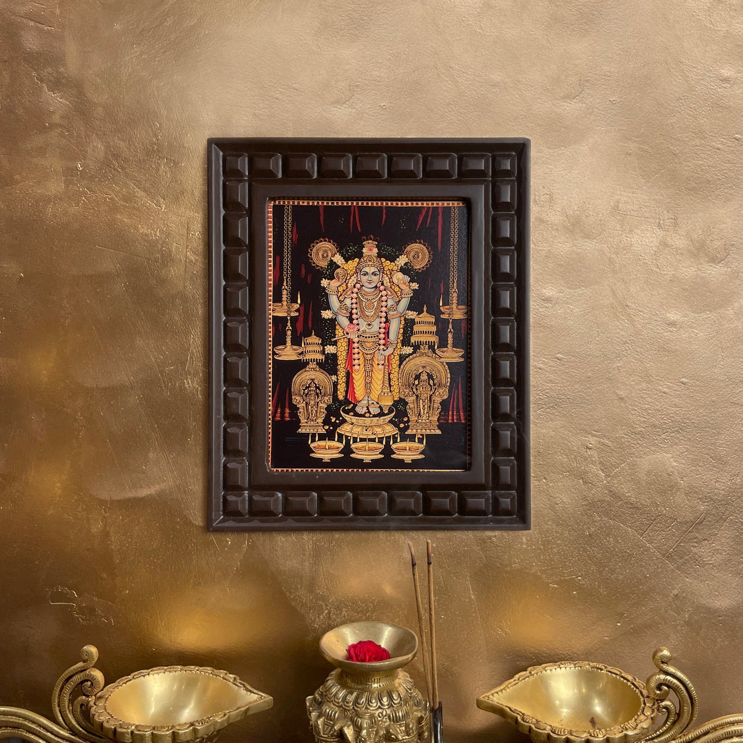 Guruvayurappan Gold Leafed Art With Wooden Frame