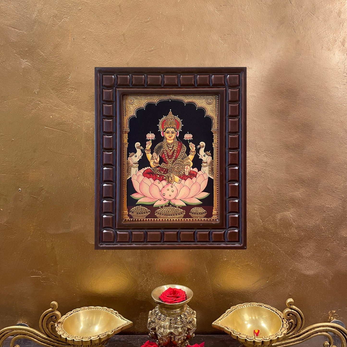 Goddess Lakshmi Gold Leaf Art in Wooden Frame