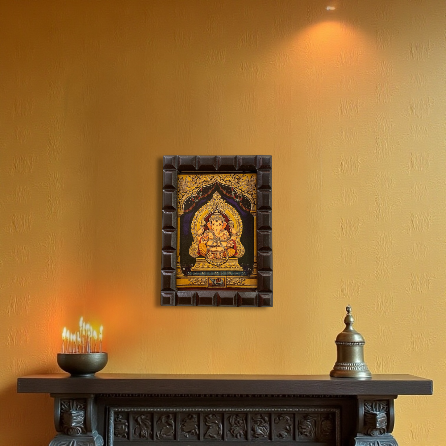 Shree Ganesha Gold Leafed Art With Wooden Frame