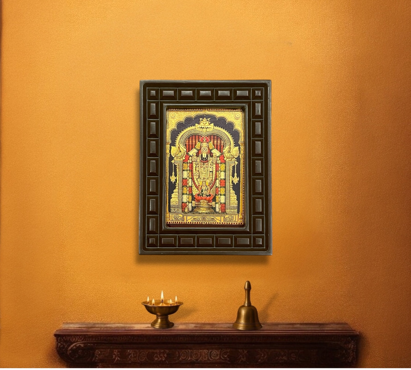 Tirupati Balaji Gold Leafed Art With Wooden Frame