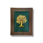 Brass Kalpavriksha Tree on Green Silk in Wooden Frame