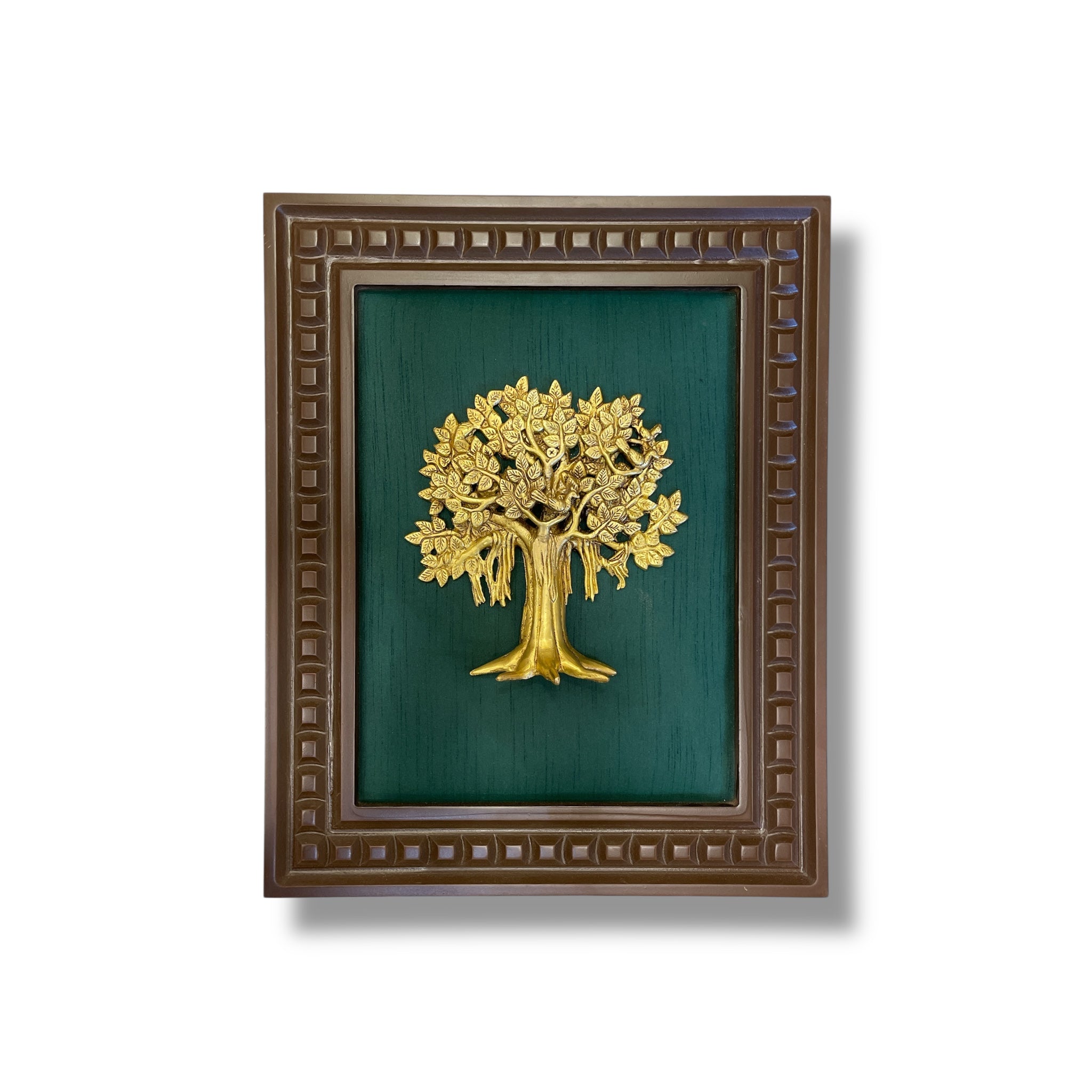 Brass Kalpavriksha Tree on Green Silk in Wooden Frame