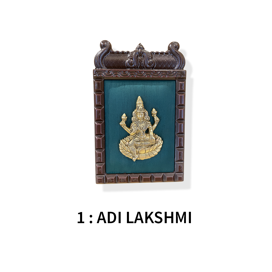 Ashtalakshmi brass wall art – Set of 8 | Green silk backdrop | Sacred home decor