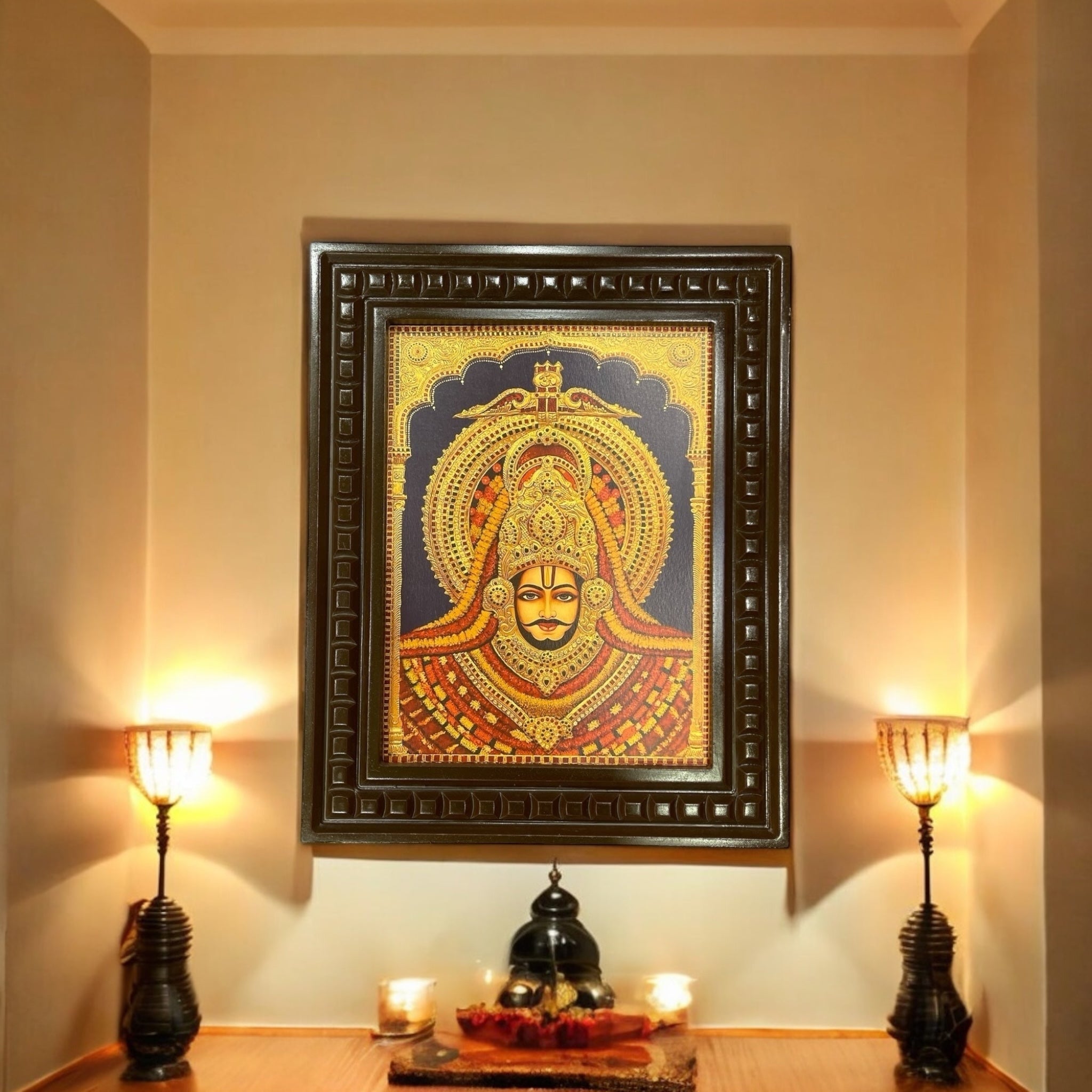 Khatu Shyam Gold Leafed Art With Wooden Frame