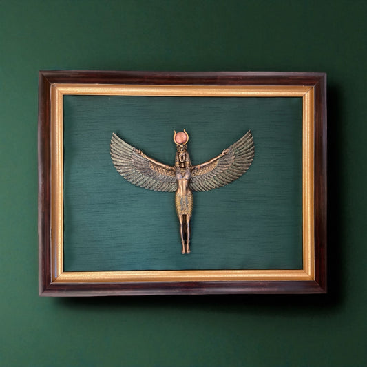 Egyptian Goddess Isis on Dark Green Silk with Moulded Frame