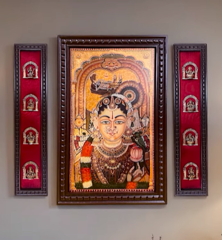 Andal Gold Leaf Wall Art with Brass Ashtalakshmi on Red Silk | Premium Wooden Frame Temple Decor.