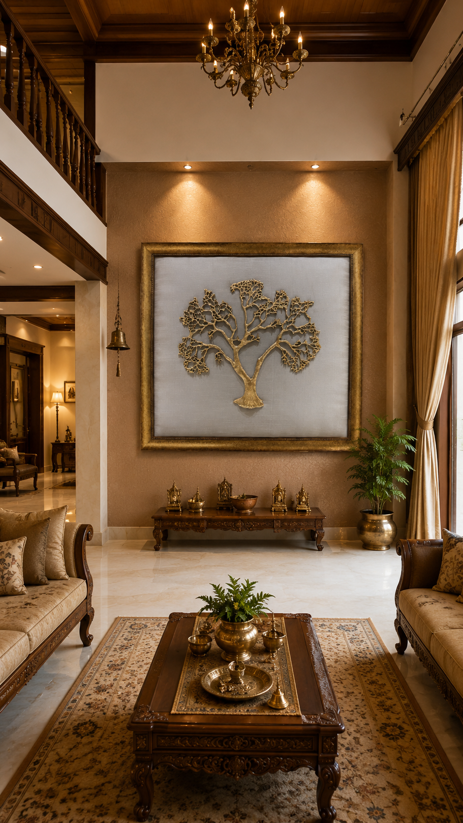 Kalpavriksha Metal Tree Wall Art on Grey Silk Backdrop with Rich Rising Frame | Luxury Home Decor