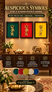 Pure Brass Om, Swastik & Trishool Wall Art | Premium Engineered Wooden Frame