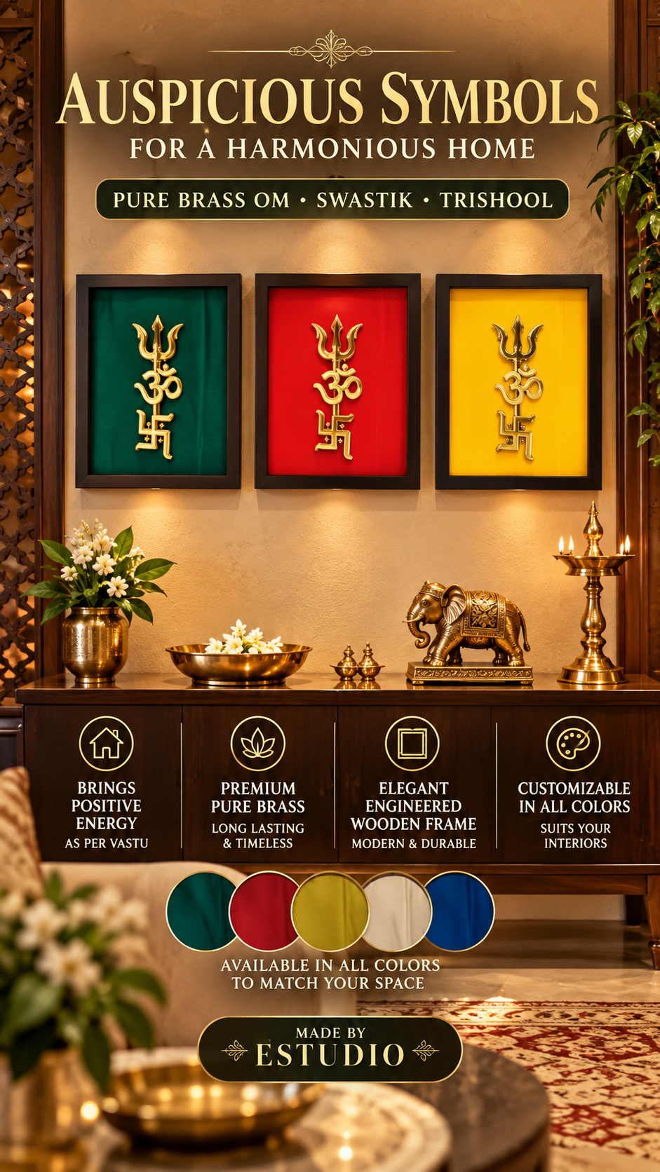 Pure Brass Om, Swastik & Trishool Wall Art | Premium Engineered Wooden Frame