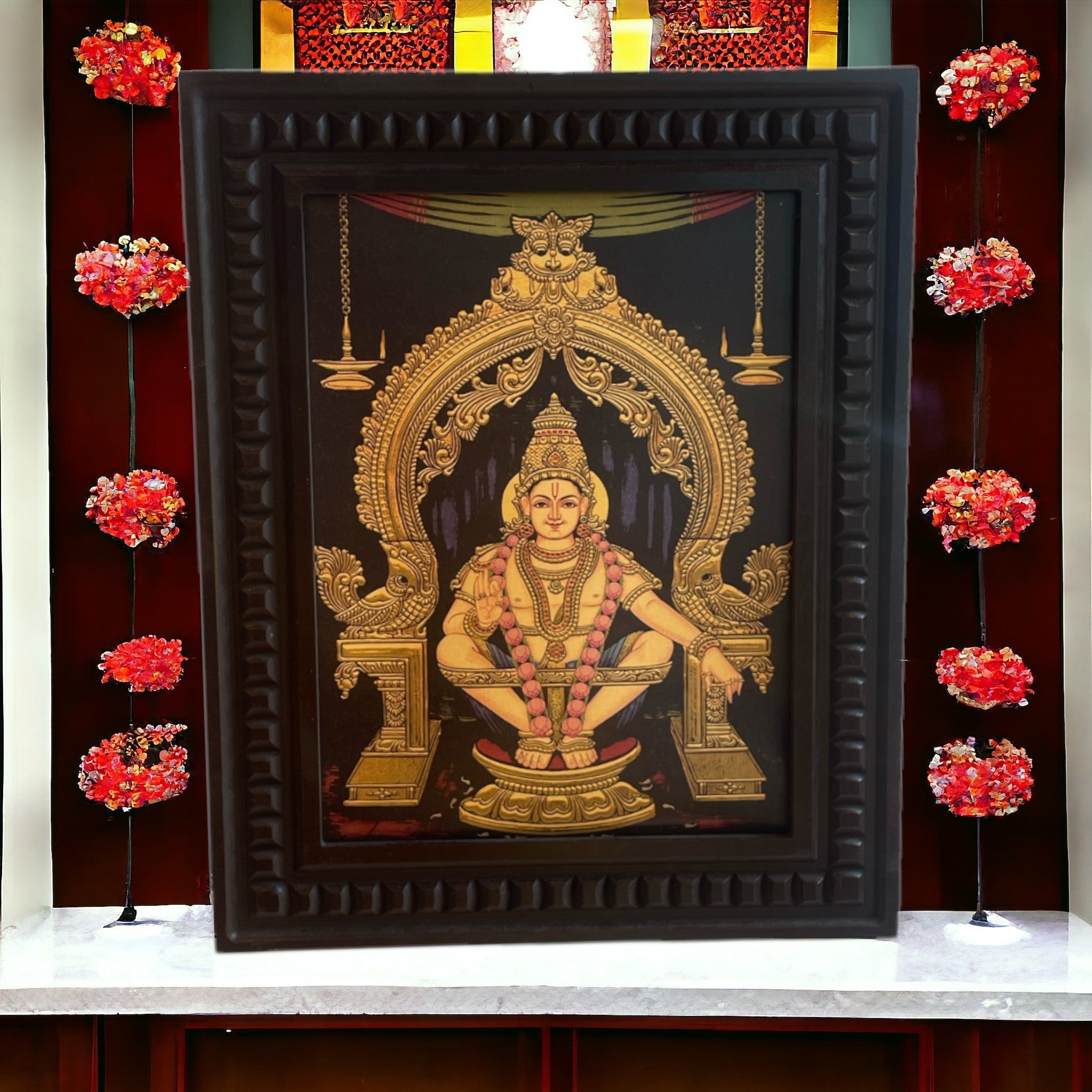 Ayyappa Swami Gold Leafed Art With Wooden Frame
