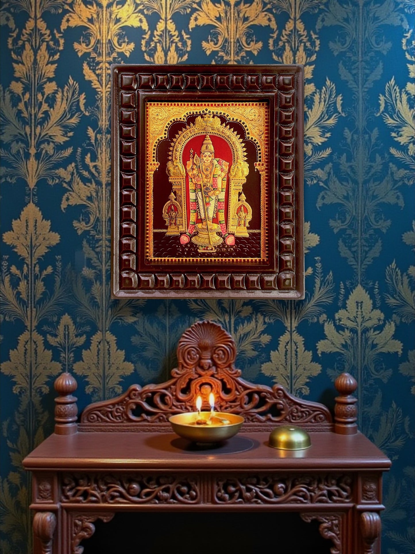 Murugan : Tiruchendar Murugan Gold Leafed Art With Wooden Frame