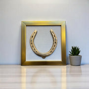 Good Luck Brass Horse Shoe with White silk & gold frame