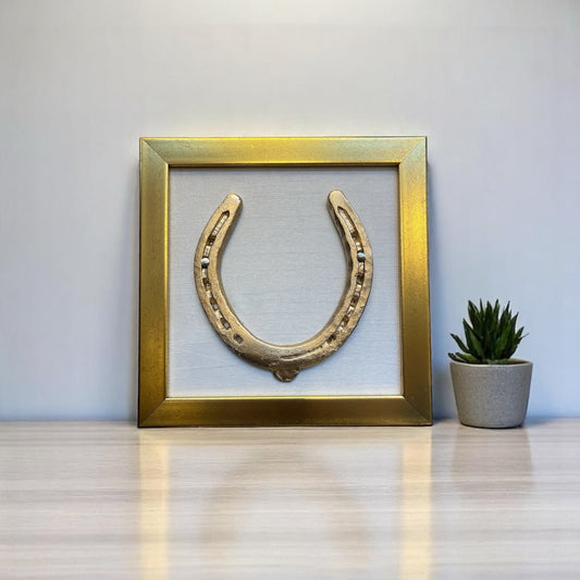 Good Luck Brass Horse Shoe with White silk & gold frame