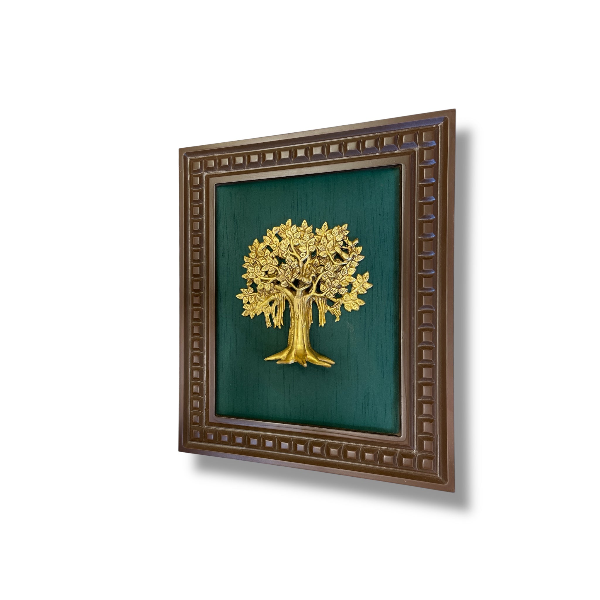 Brass Kalpavriksha Tree on Green Silk in Wooden Frame