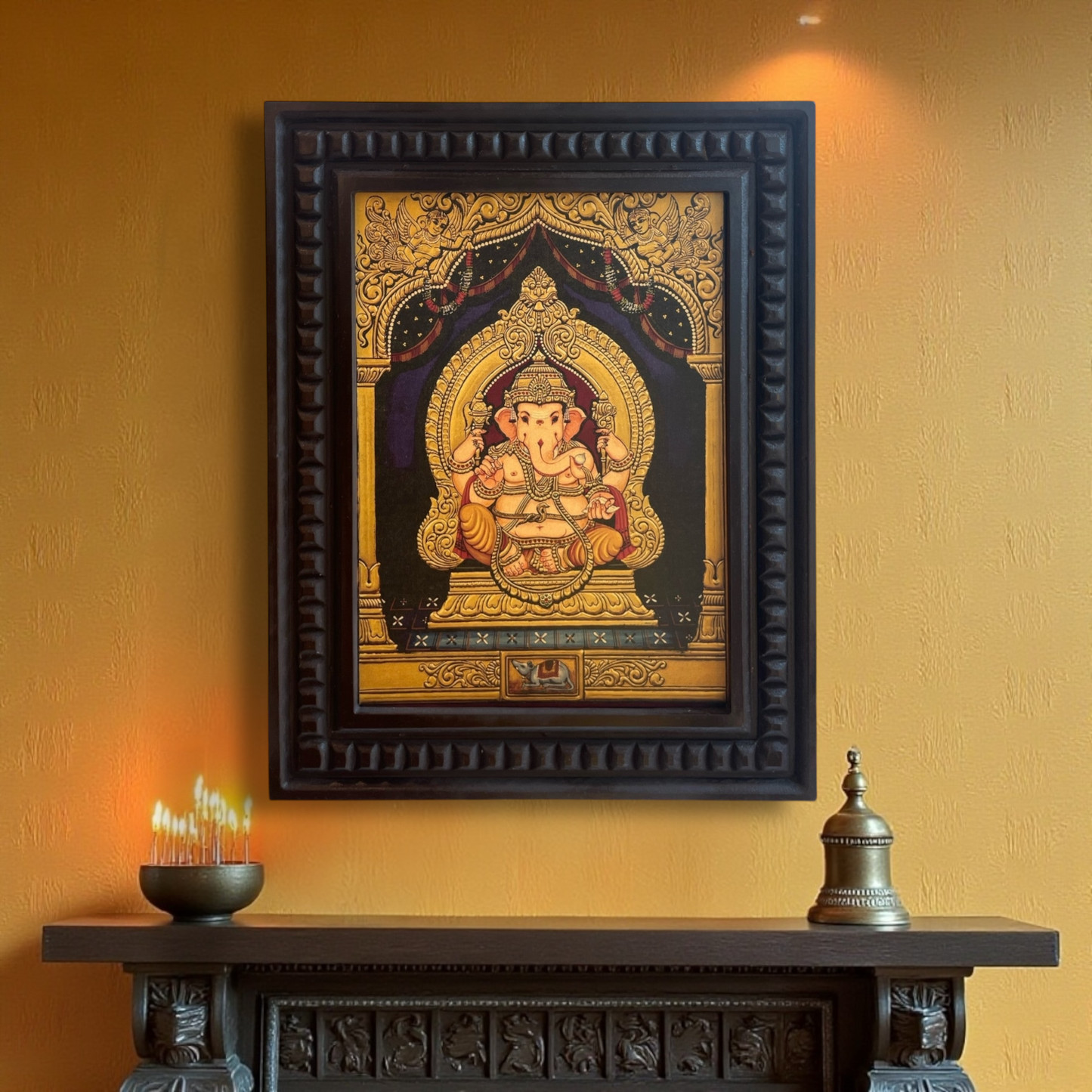 Shree Ganesha Gold Leafed Art With Wooden Frame