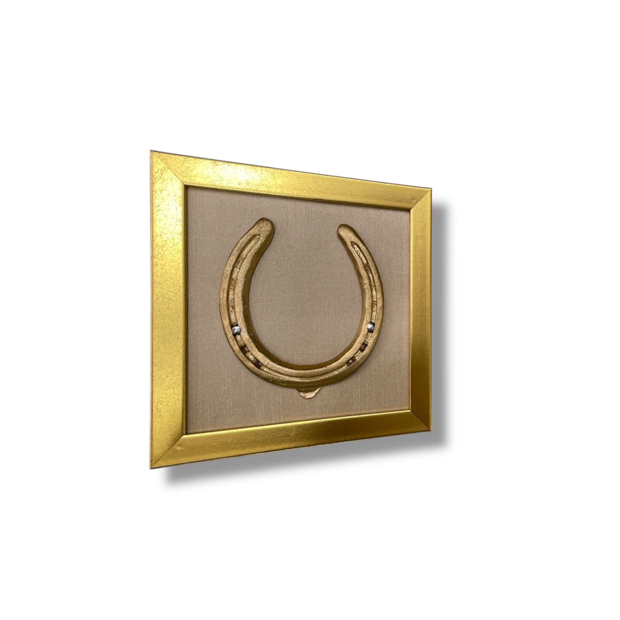 Good luck brass horse shoe with beige silk background