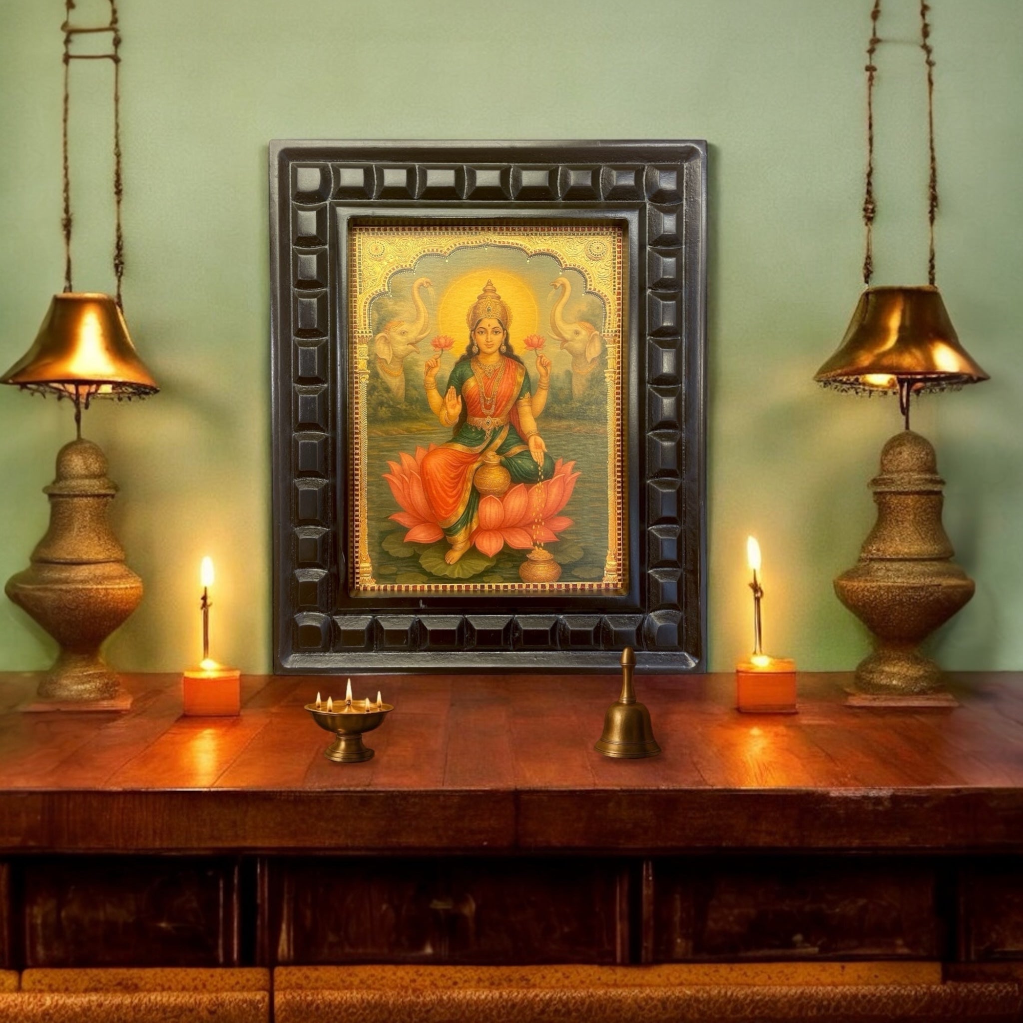 Gaja Lakshmi - 3 gold foiled artwork in wooden frame