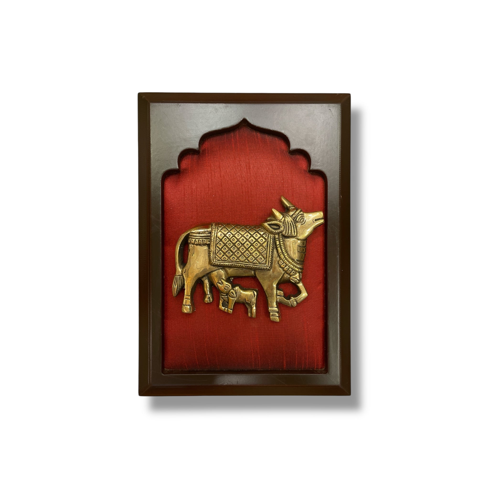 Brass Kamadhenu Cow and Calf on Red Silk in Wooden Frame