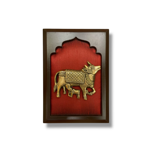 Brass Kamadhenu Cow and Calf on Red Silk in Wooden Frame