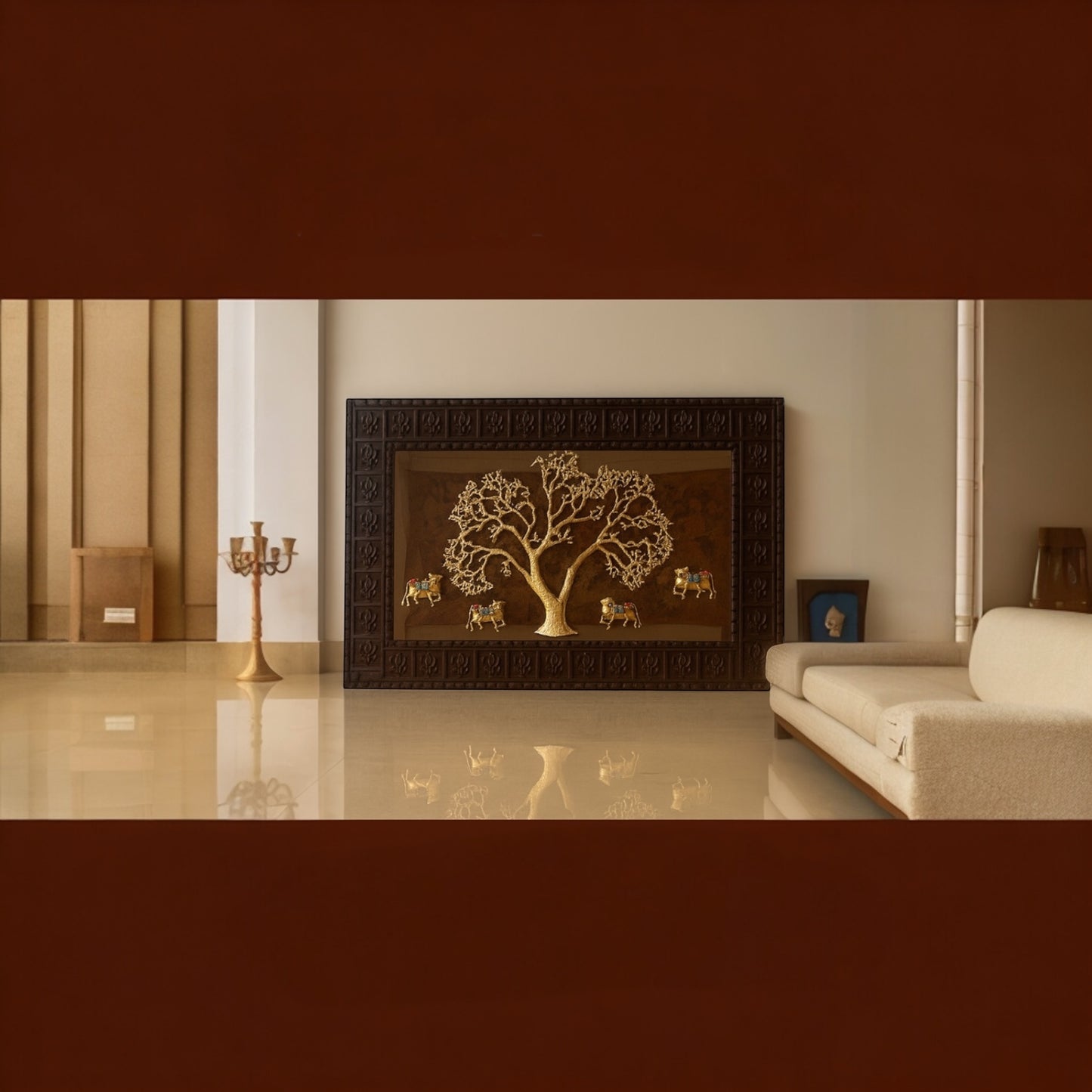 Kalpavriksha Tree with 4 Brass Kamadhenu Cows on Mirror – Spiritual Wall Art in Ornate Frame