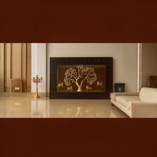 Kalpavriksha Tree with 4 Brass Kamadhenu Cows on Mirror – Spiritual Wall Art in Ornate Frame