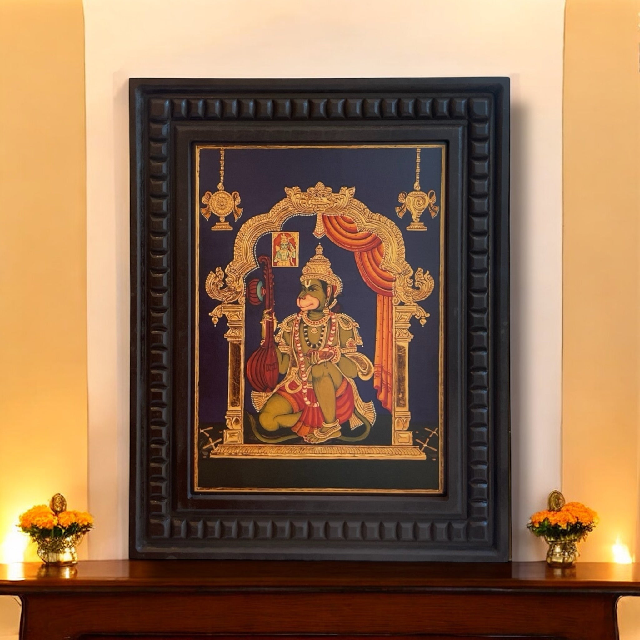 Hanuman : Maruti Playing Viena Gold Leafed Art  With Wooden Frame