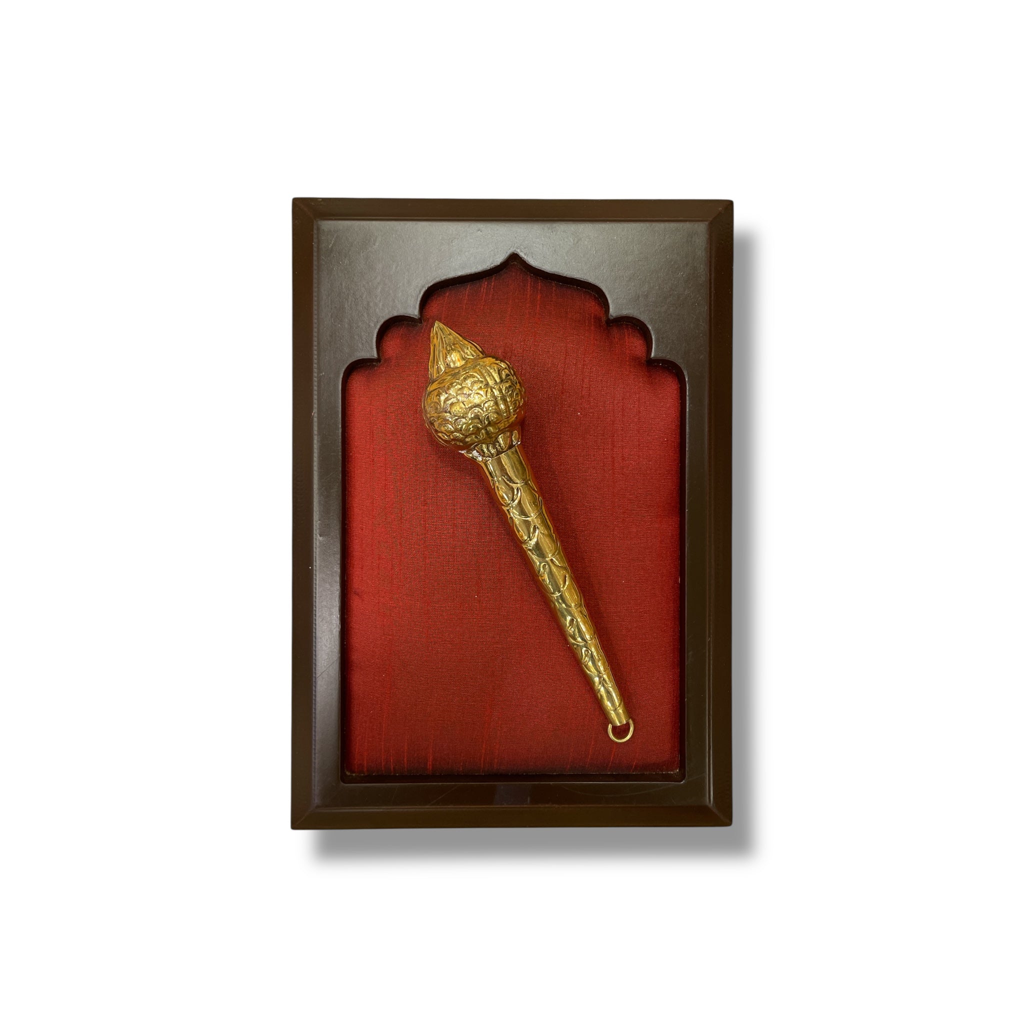 Brass Gadha on Red Silk in Wooden Frame