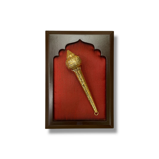 Brass Gadha on Red Silk in Wooden Frame