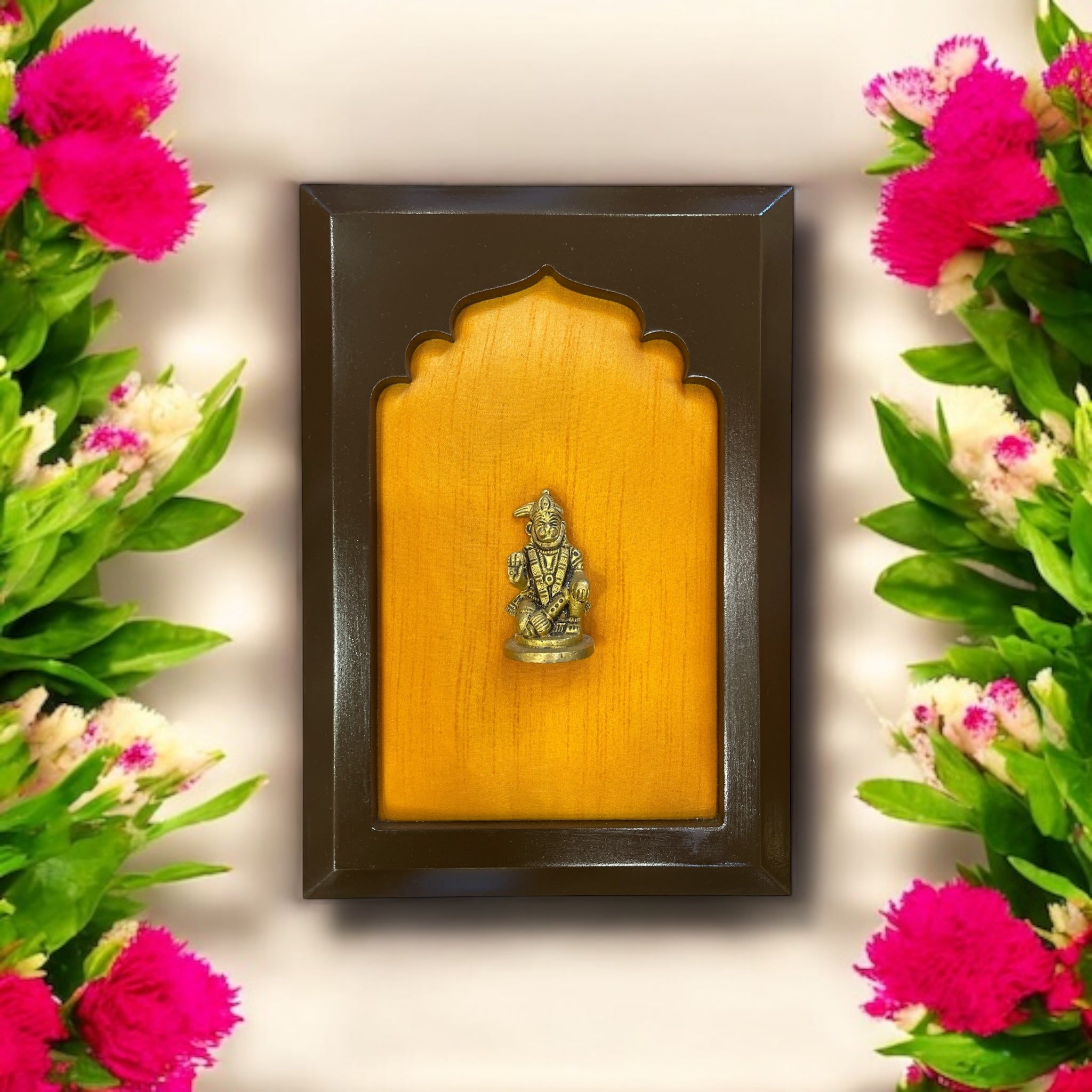 Brass Hanuman Miniature Sculpture on Orange Silk in Wooden Frame