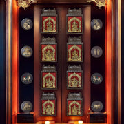 Brass Ashtalakshmi on Maroon Red Silk with 8 Sacred Elements in Temple Wooden Frame