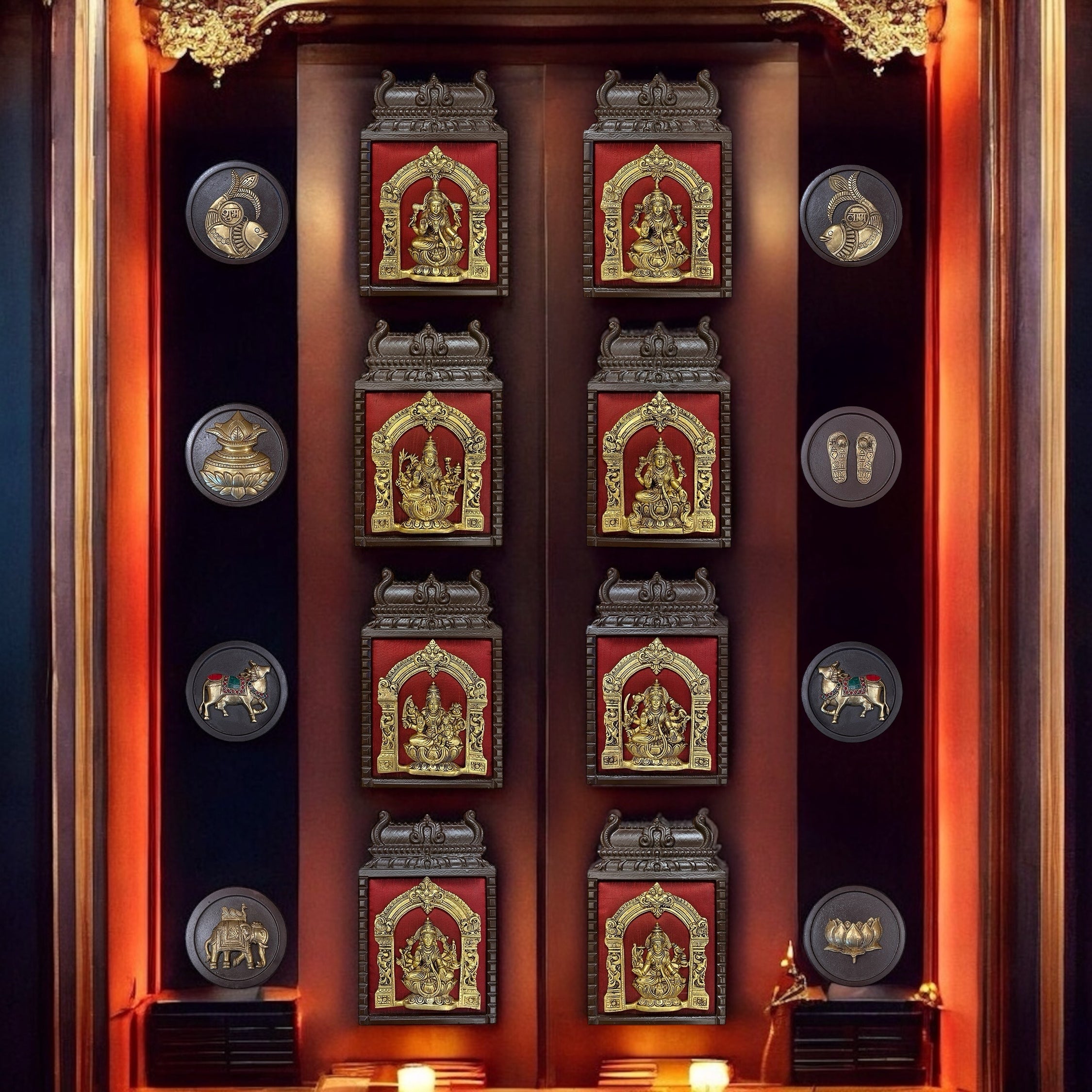 Brass Ashtalakshmi on Maroon Red Silk with 8 Sacred Elements in Temple Wooden Frame