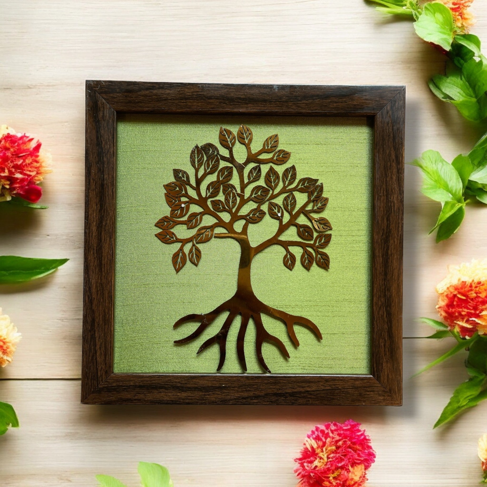 Bilva Tree Green Silk Background in Elegant Brown Frame