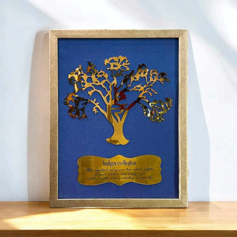 Wishfulfillng Kalpavriksha Tree Metal with Wine Red Silk Background