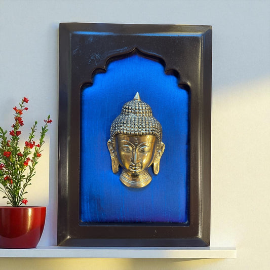 Brass Budha Blue silk in wooden frame