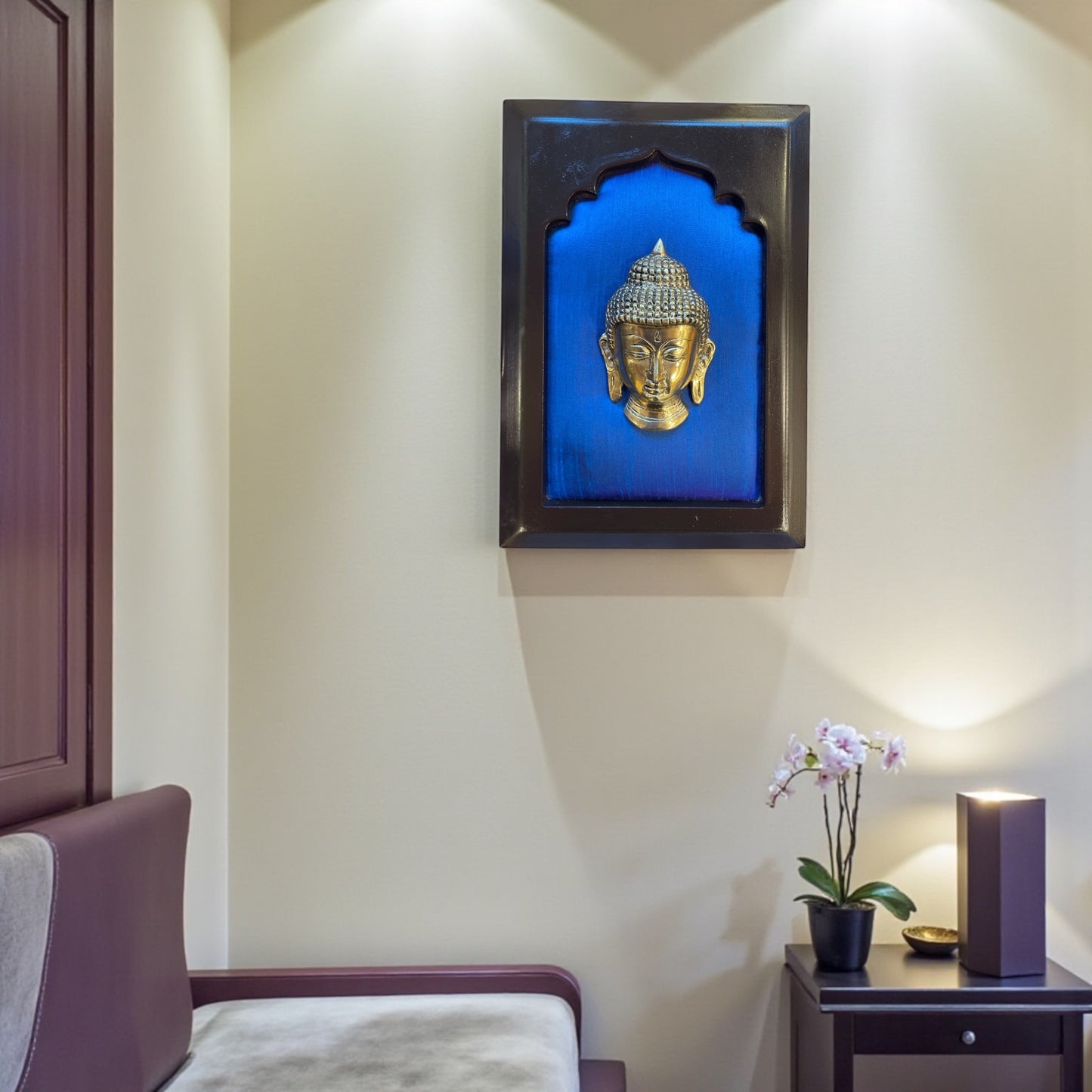 Brass Budha Blue silk in wooden frame
