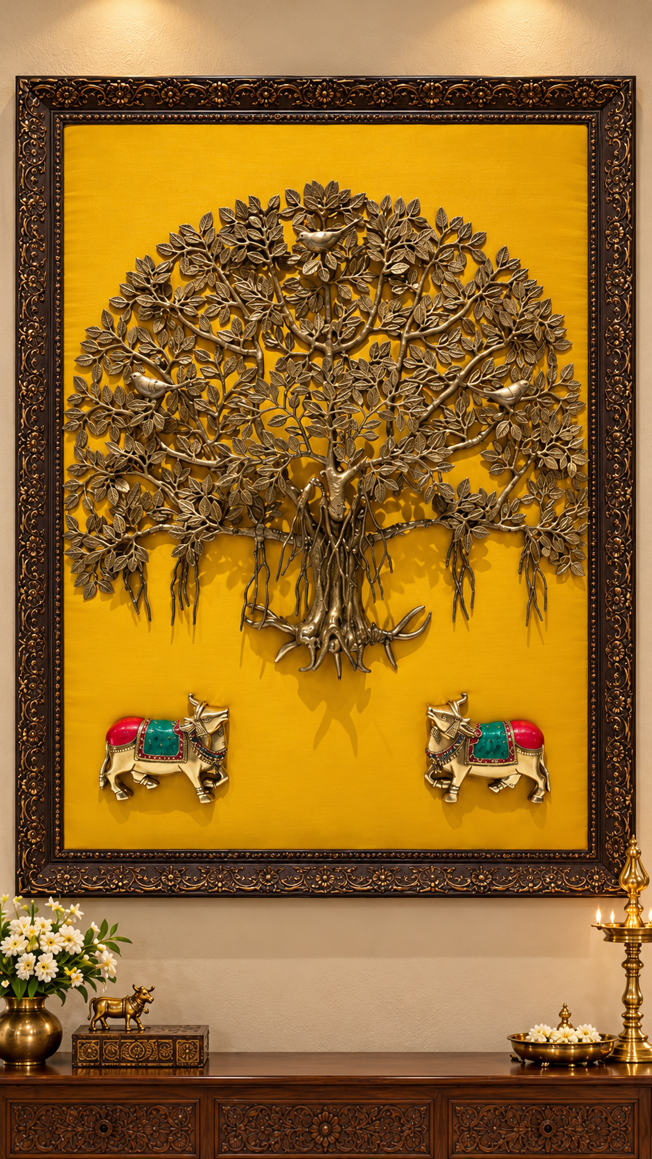 Brass Kalpavriksha & Kamadhenu Wall Art, 40 × 50 Inches | Estudio