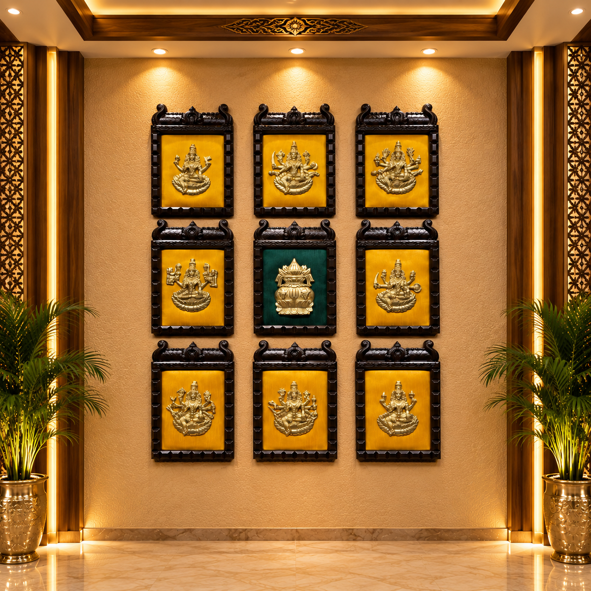 Brass Asthalakshmi 9 Frame Wall Art with Diya Bell Pair & Elephant Rosewood Stand | Estudio