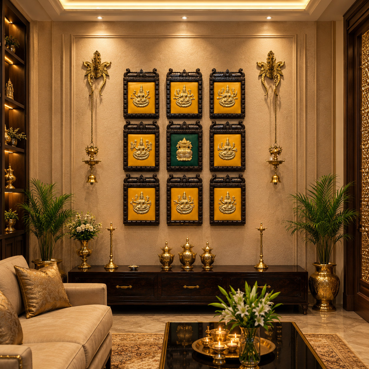 Brass Asthalakshmi 9 Frame Wall Art with Diya Bell Pair & Elephant Rosewood Stand | Estudio