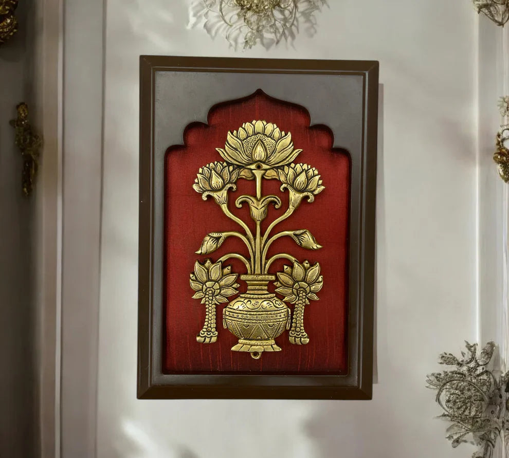 Wall Art Set Lakshmi Narayan Center, Flower Vase Pair Brass And Shanku Chakra Namam.