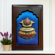 Brass kuber kalash with stone work on Blue silk in wooden frame