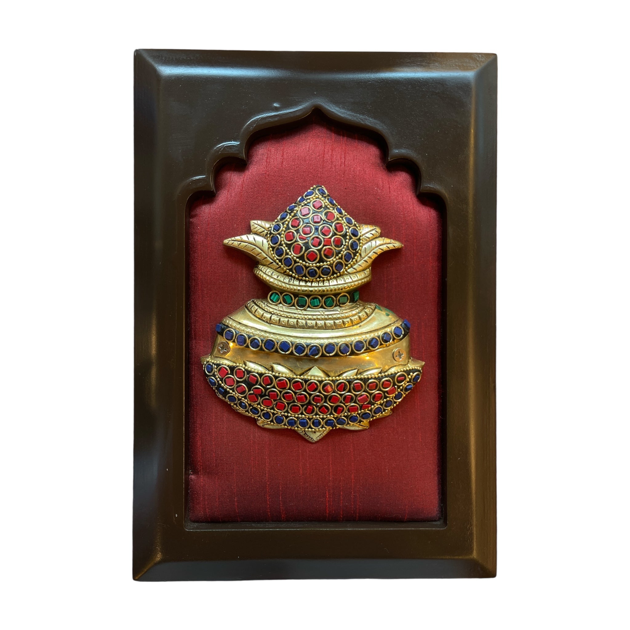 Brass kuber kalash with stone work on wine red  silk in wooden frame