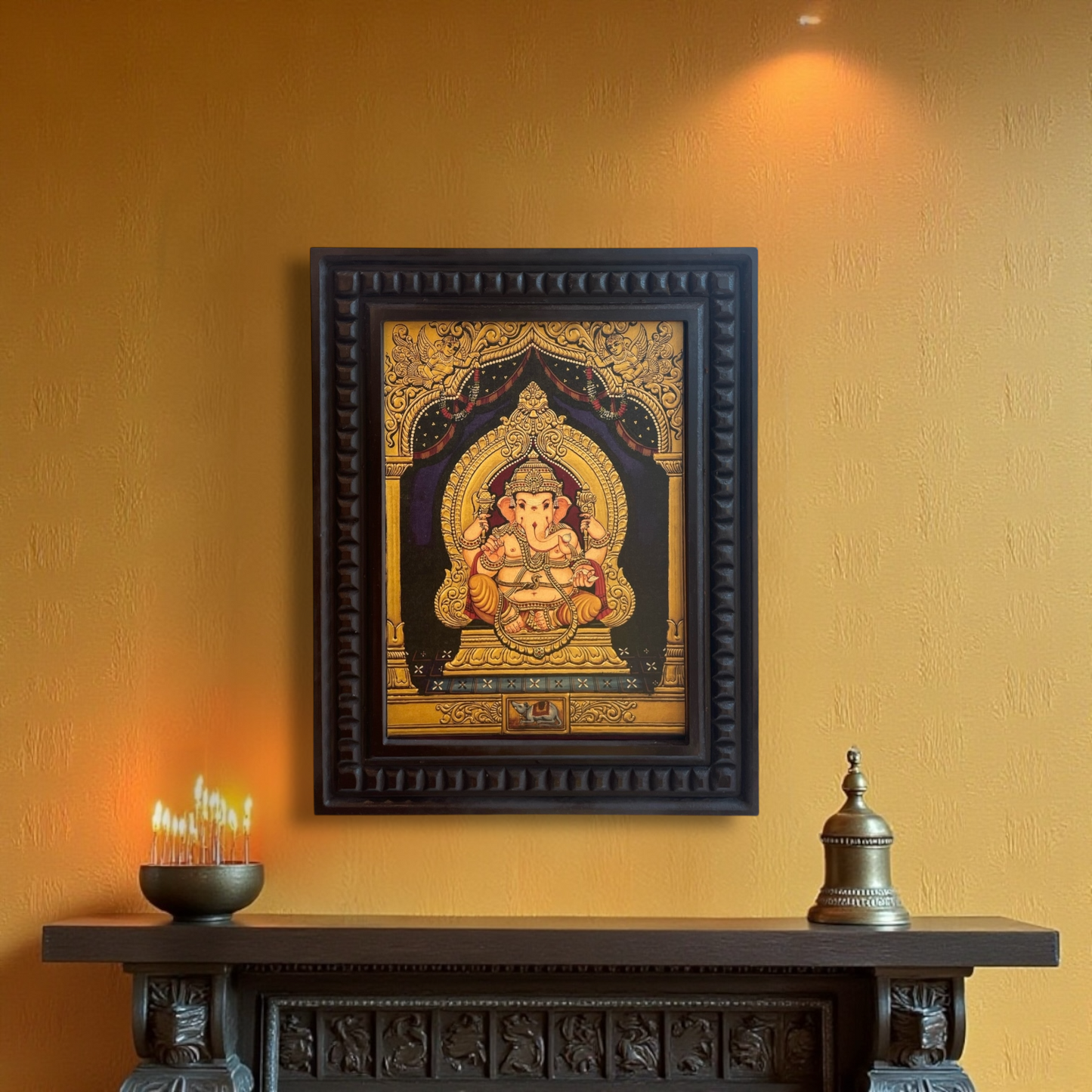 Shree Ganesha Gold Leafed Art With Wooden Frame