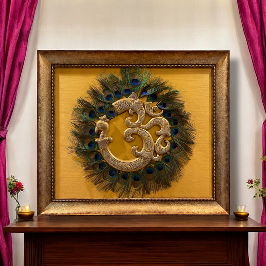Brass Om with Peacock Feathers on Golden Silk in Moulded Frame