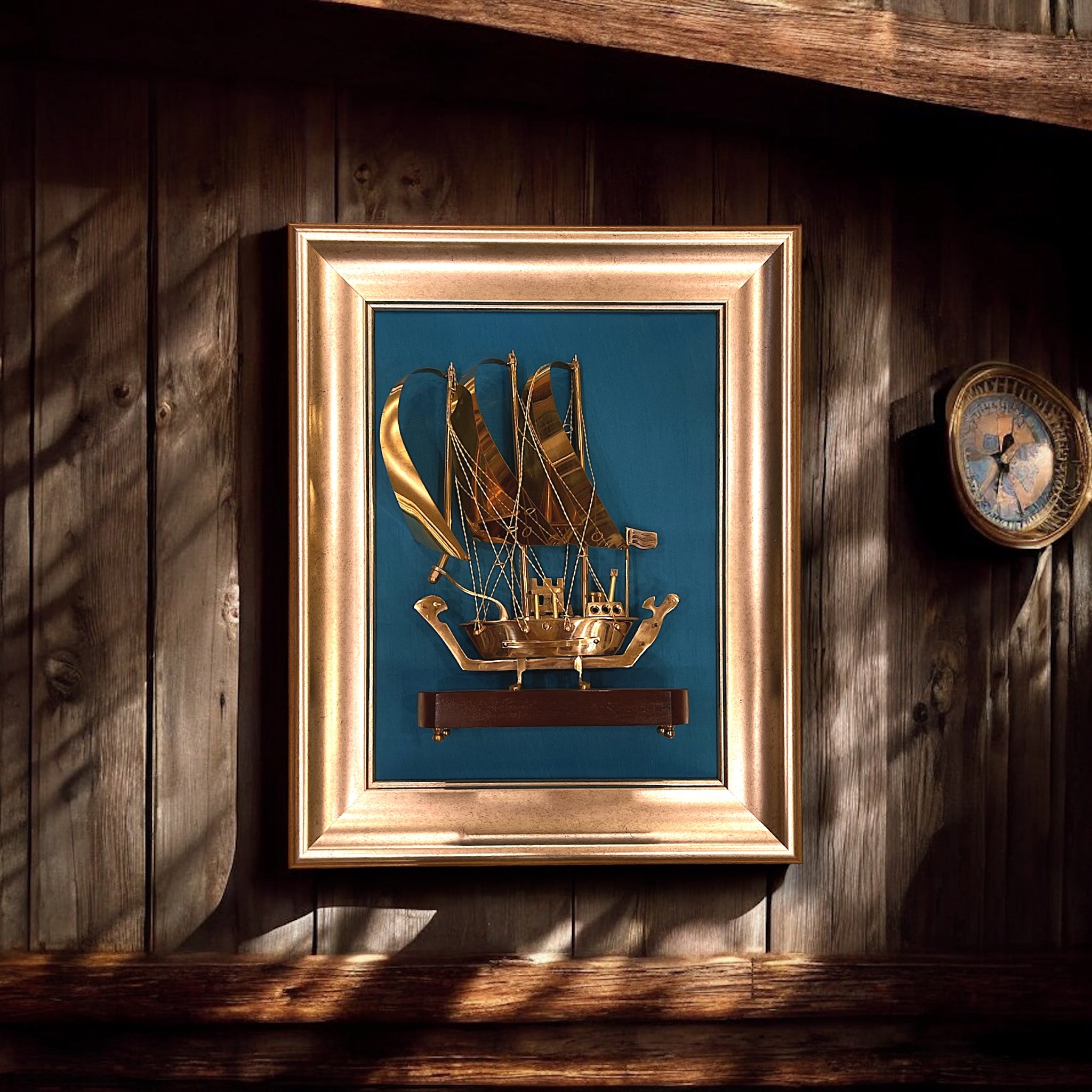 Brass Ship with Blue Silk in Moulded Frame