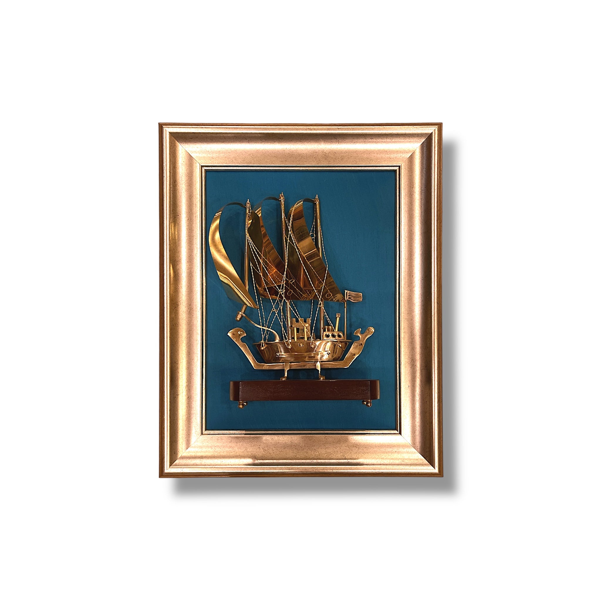 Brass Ship with Blue Silk in Moulded Frame