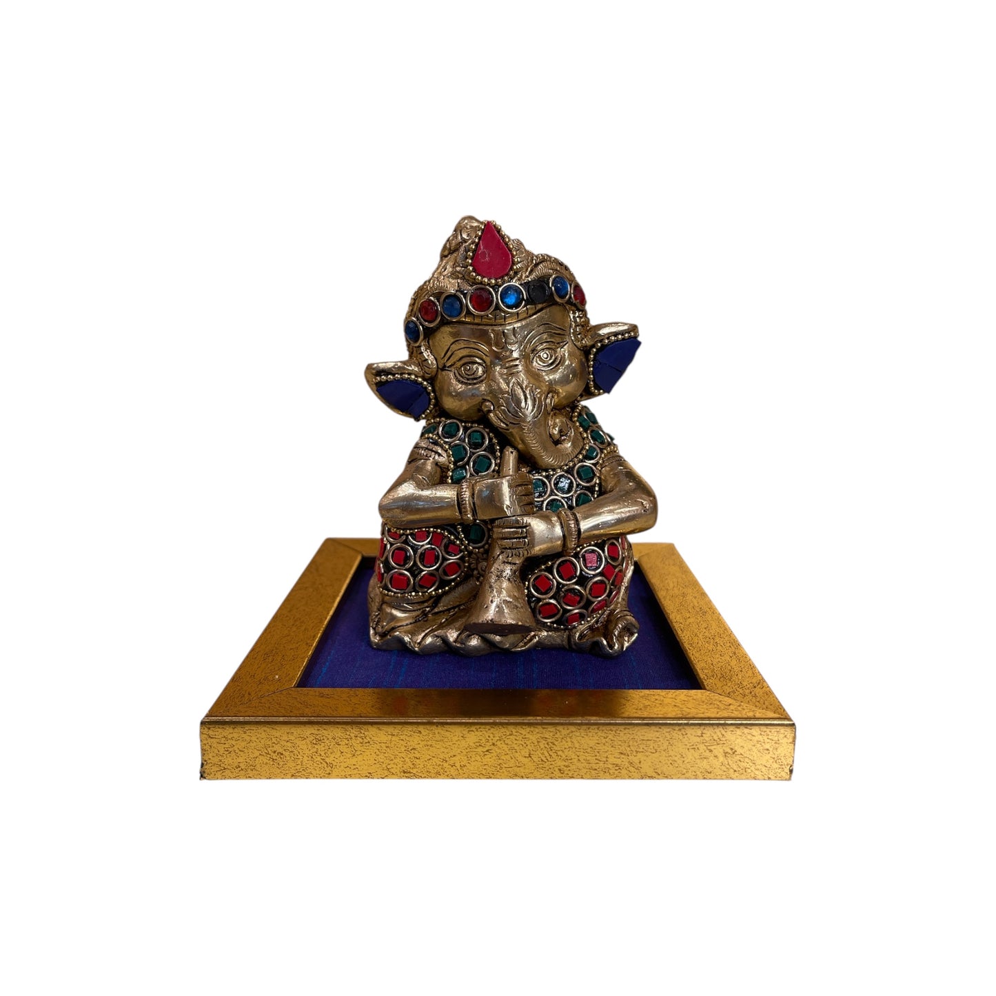 Handcrafted Lord Ganesha Idols with Colorful Stones 2 – Brass Finish on Blue Silk Base